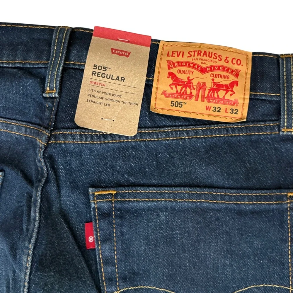 New Levi's 505 Regular Fit Jeans Mens 32x32 Dark Wash Stretch Straight Leg
